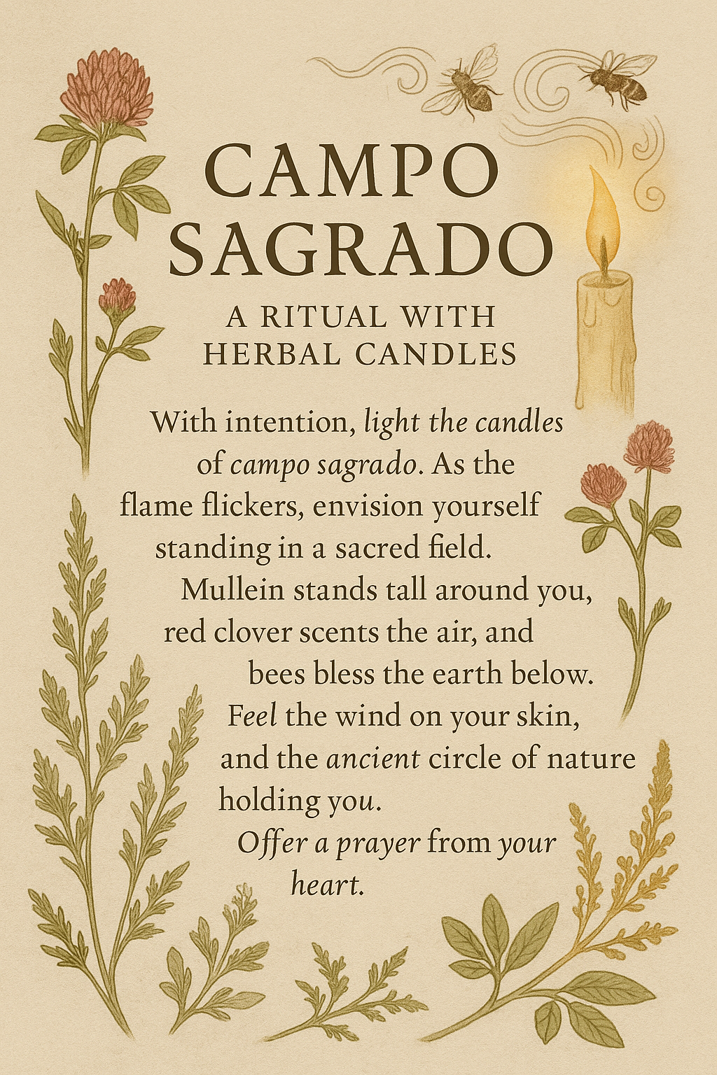 Magical ritual card with herbs, candles, and text on a beige background