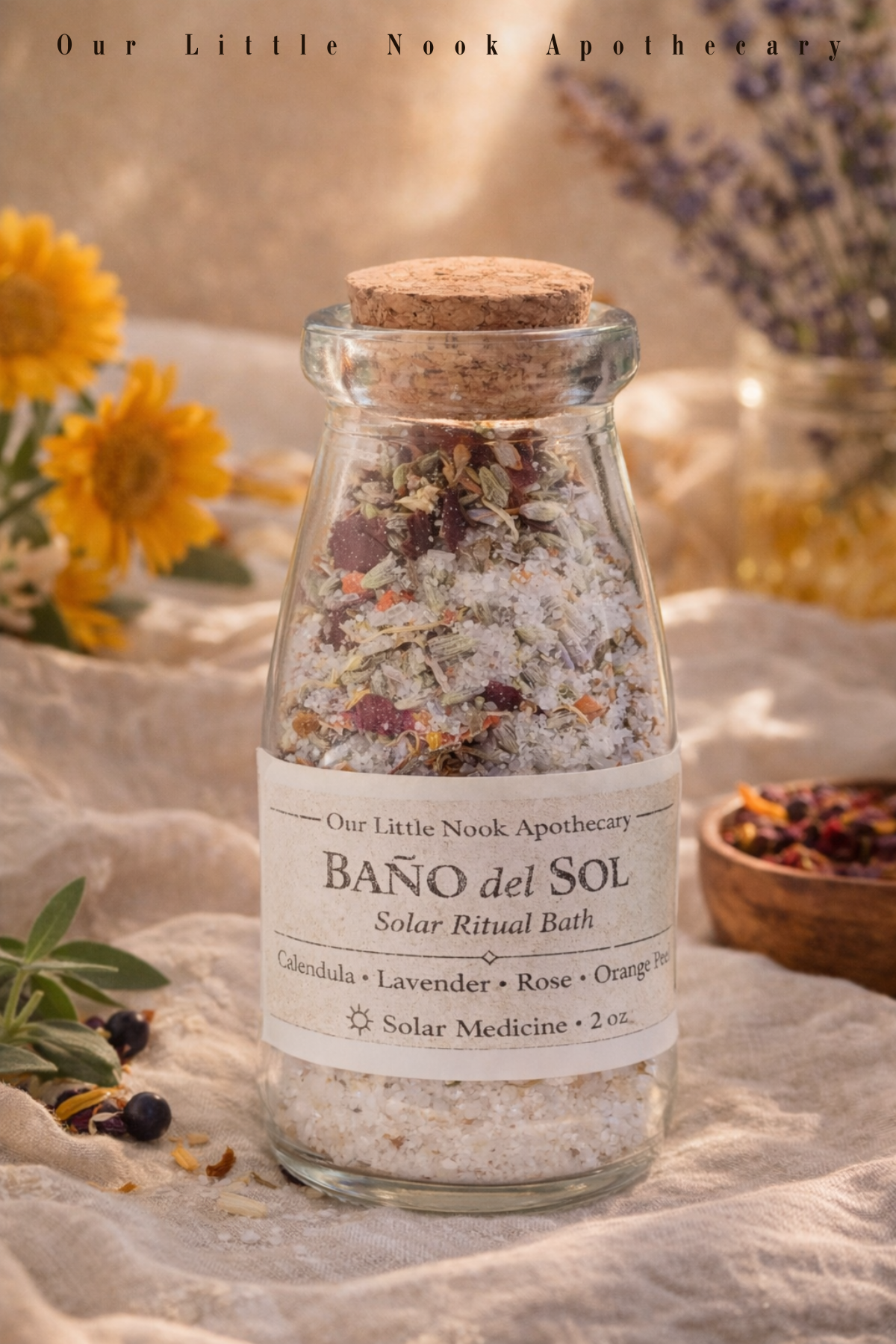 Bottle of 'B¡ño del Sol' bath salts from Our Little Nook Apothecary 