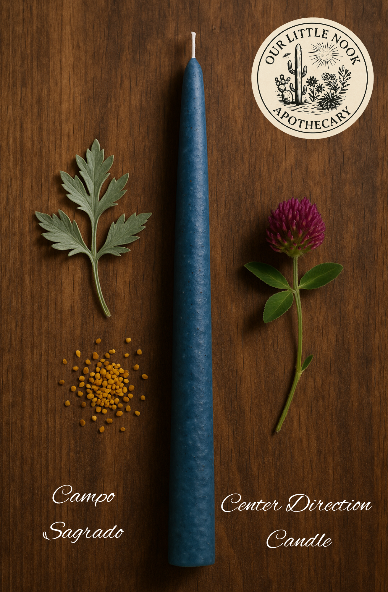 Blue candle with herbs and flowers on a wooden surface, featuring 'Our Little Nook Apothecary' logo.