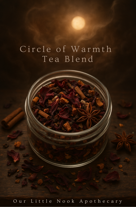 Jar of 'Circle of Warmth Tea Blend' with star anise and cinnamon on a dark background, featuring 'Our Little Nook Apothecary'.
