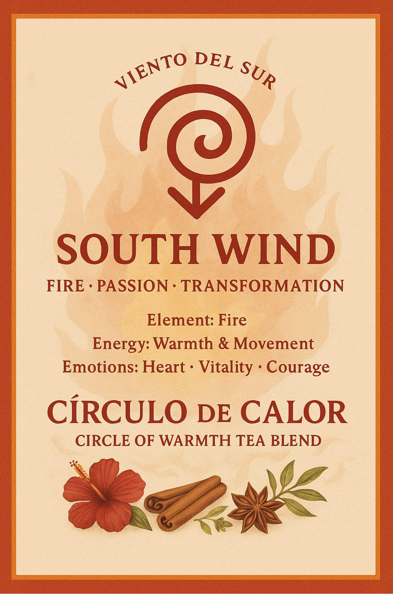 Tea blend packaging with 'South Wind' theme and elements like fire, passion, and transformation.
