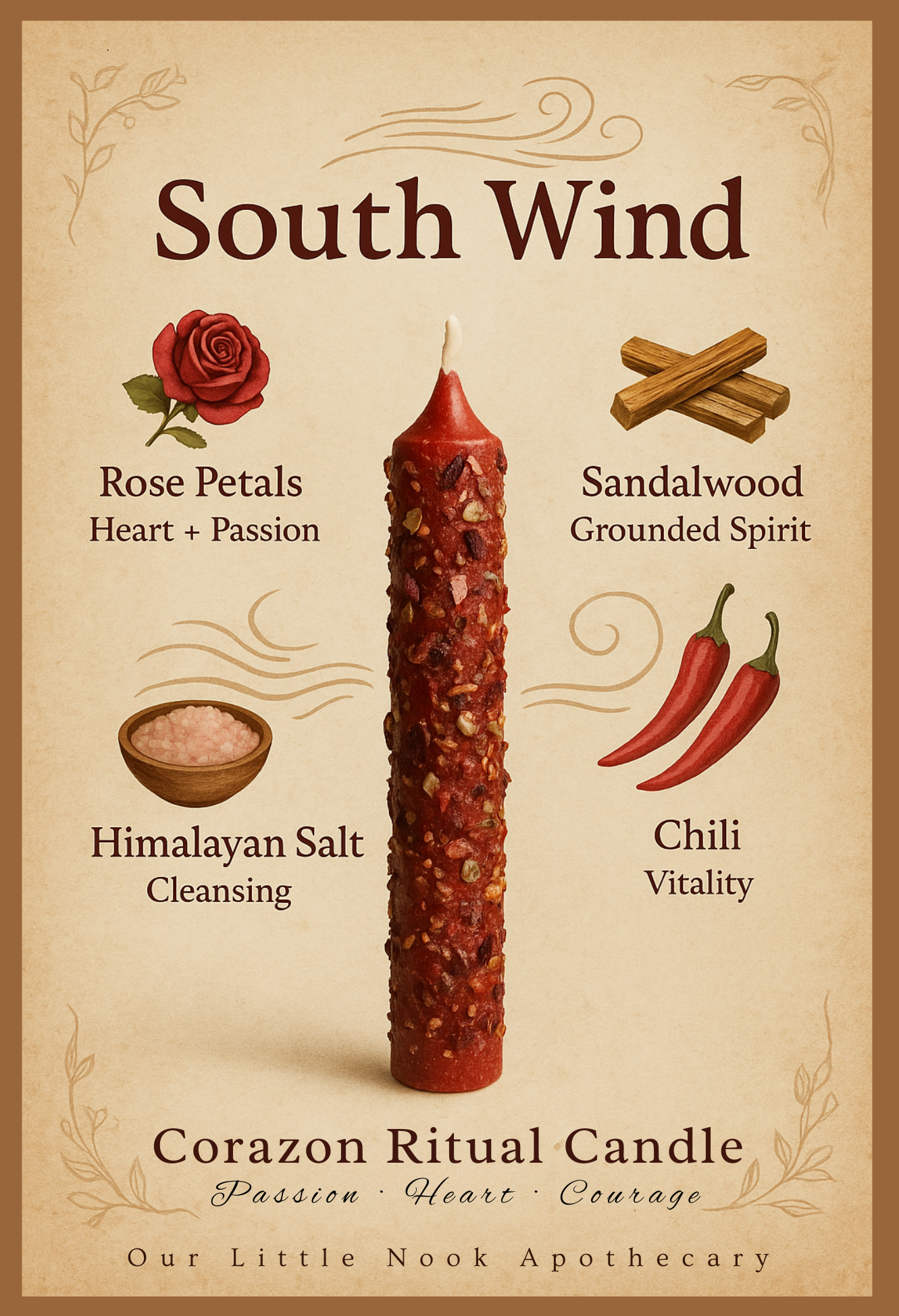 Corazon Ritual Candle with ingredients and description on a beige background