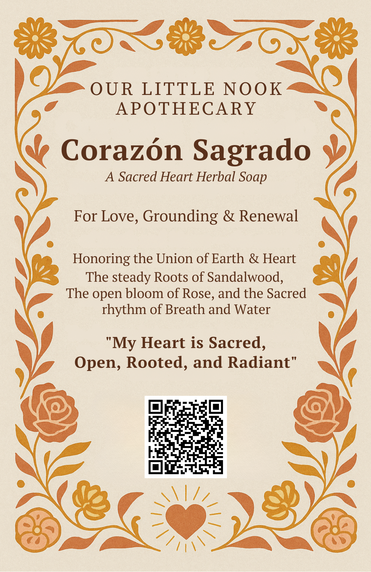 Product label for 'Corazón Sagrado' soap from Our Little Nook Apothecary with decorative border and text.