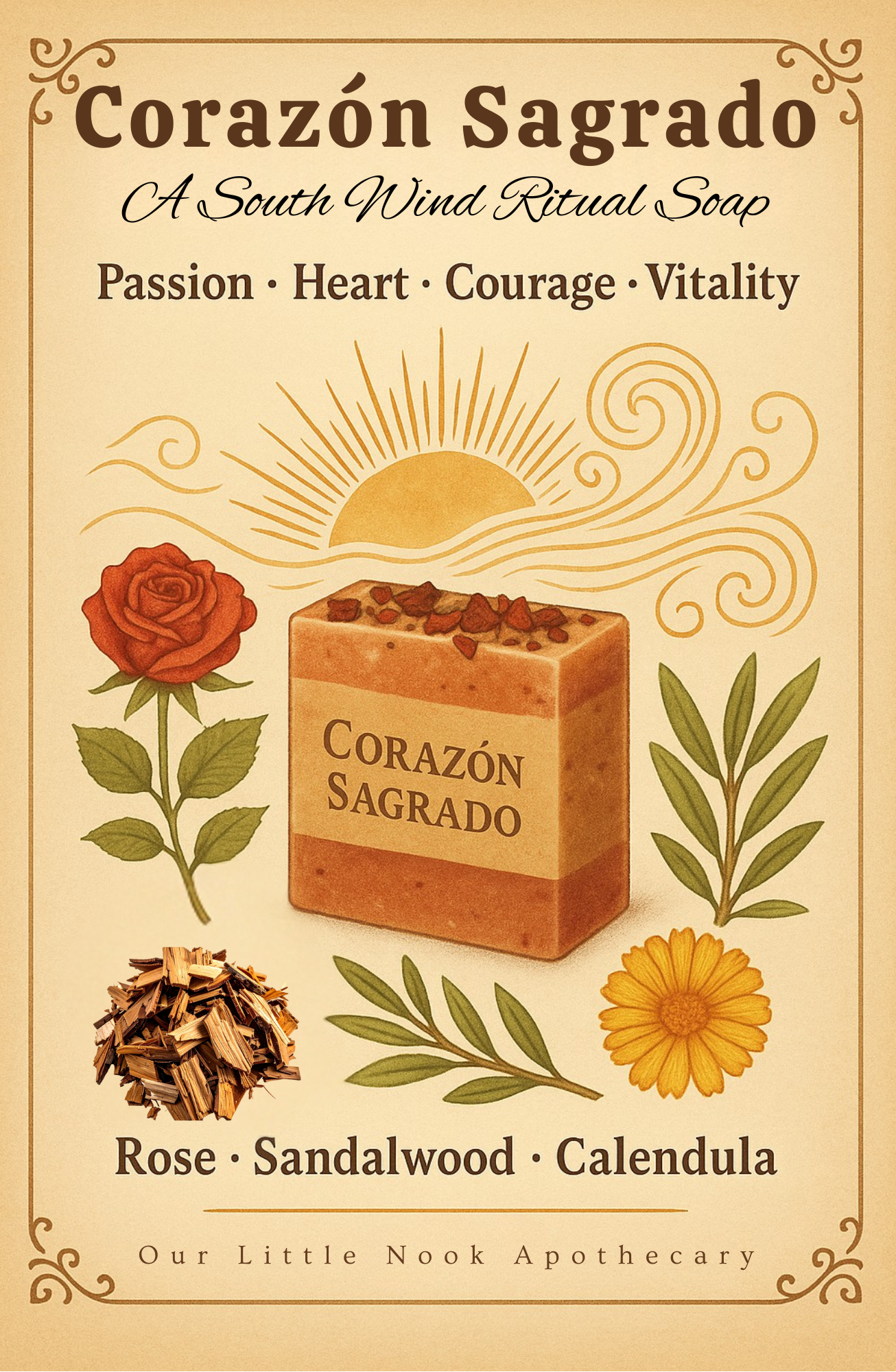 Product packaging for 'Corazon Sagrado' soap with decorative elements and branding details.