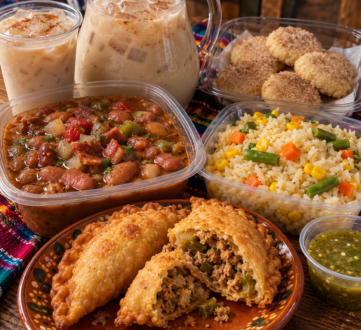 Turkey Green Chile Empanadas; Frijoles Charros; Rice; Salsa; Polvorones; Agua de Horchata