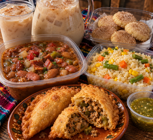 Turkey Green Chile Empanadas; Frijoles Charros; Rice; Salsa; Polvorones; Agua de Horchata