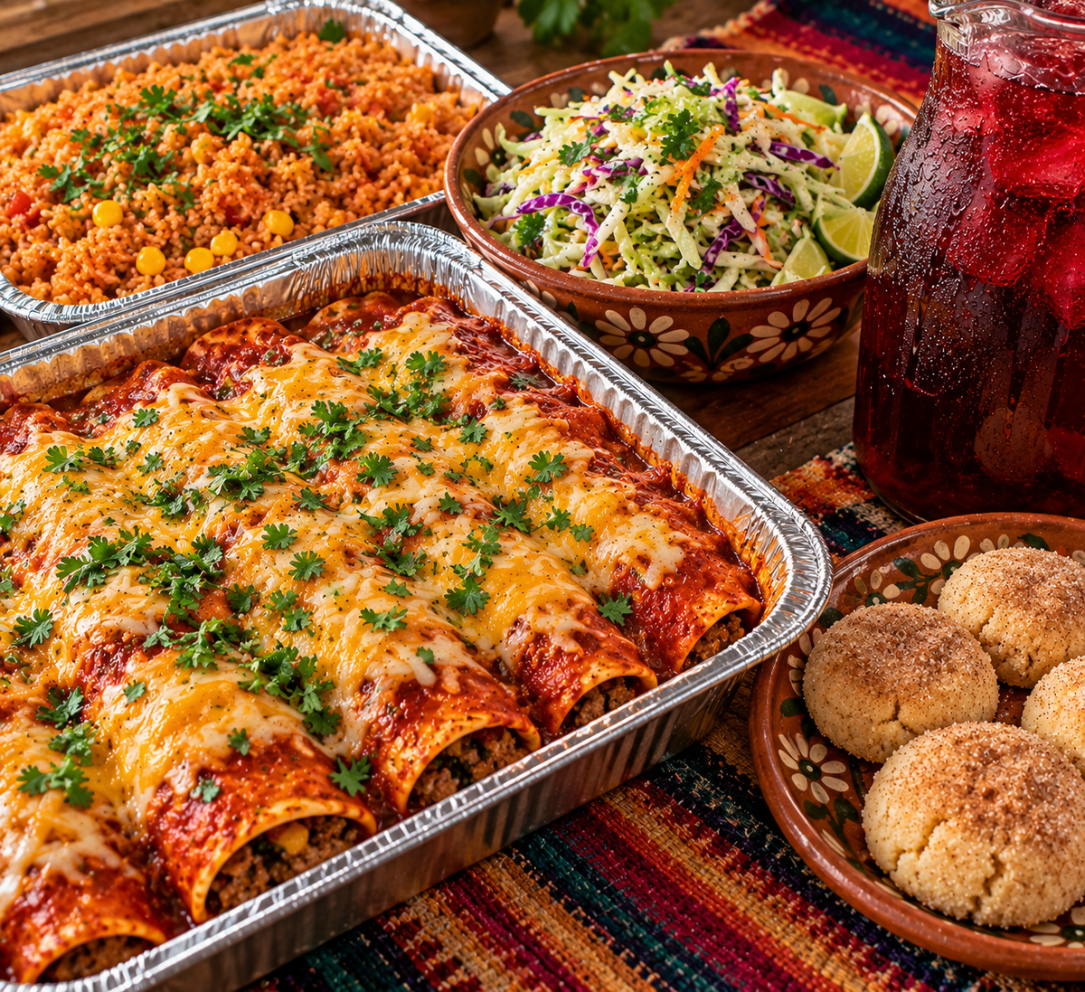 A large aluminum pan of cheesy enchiladas topped with melted cheese and cilantro garnish, served with side dishes including salad, Mexican rice, polvorones ,and a pitcher of Hibiscus Water. 