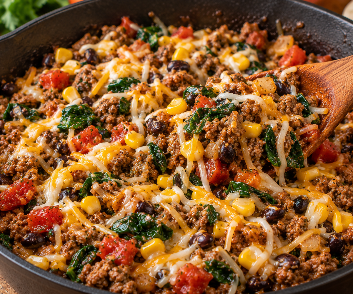 A close-up of a skillet filled with a loaded taco-style skillet dish, featuring ground meat, melted cheese, corn, black beans, diced tomatoes, and spinach or kale, with a wooden spoon resting on the right side.