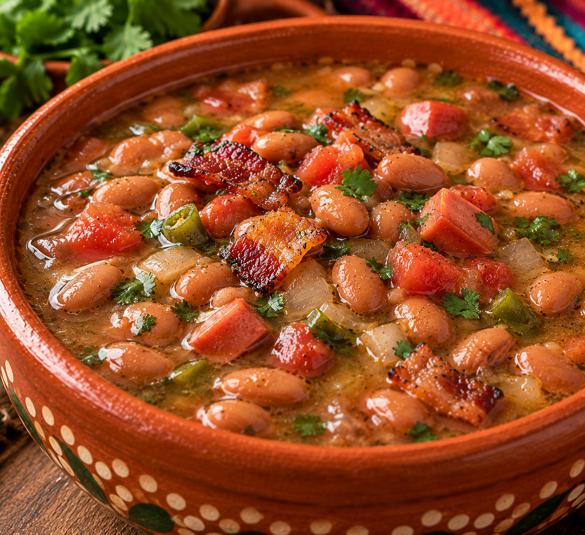 Charro Beans with Peppered Bacon, Franks, Onion, Tomato, Jalapeno, Cilantro