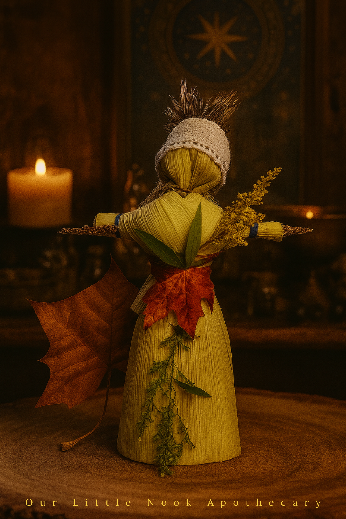 Corn husk doll with a hat and leaves, made in Ohio