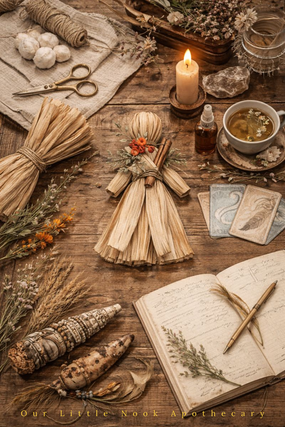 Wooden surface with dried herbs, a candle, a cup of tea, and an open book with a pen. Workshop Workspace