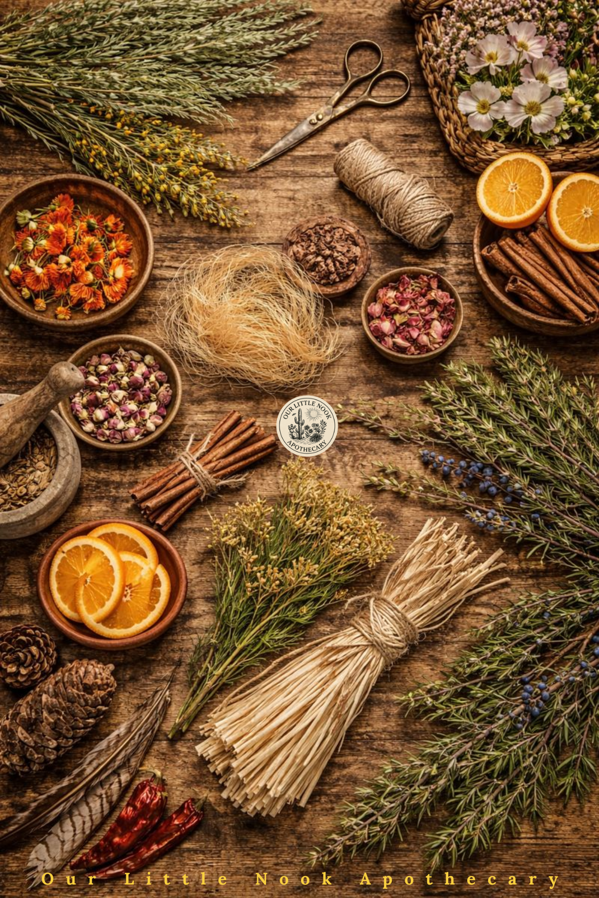 Spices, herbs, and decorative elements on a wooden surface with 'Our Little Nook Apothecary' branding.