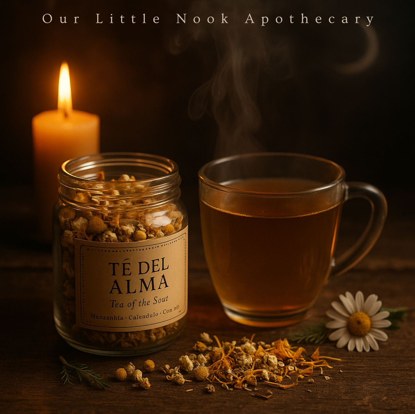 Tea with a jar of tea leaves and a candle, featuring 'Our Little Nook Apothecary'.