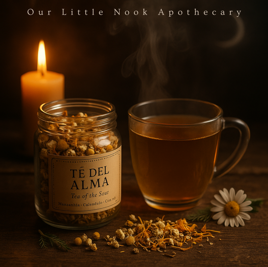 Tea with a jar of tea leaves and a candle, featuring 'Our Little Nook Apothecary'.