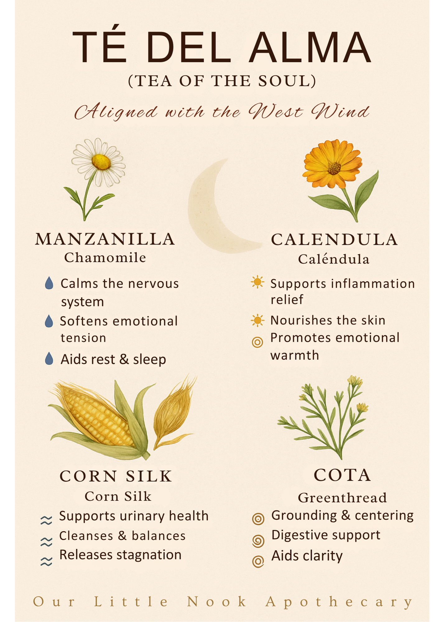 Herbal infographic for 'Tea of the Soul' with images and descriptions of Manzanilla, Calendula, Corn Silk, and Cota.