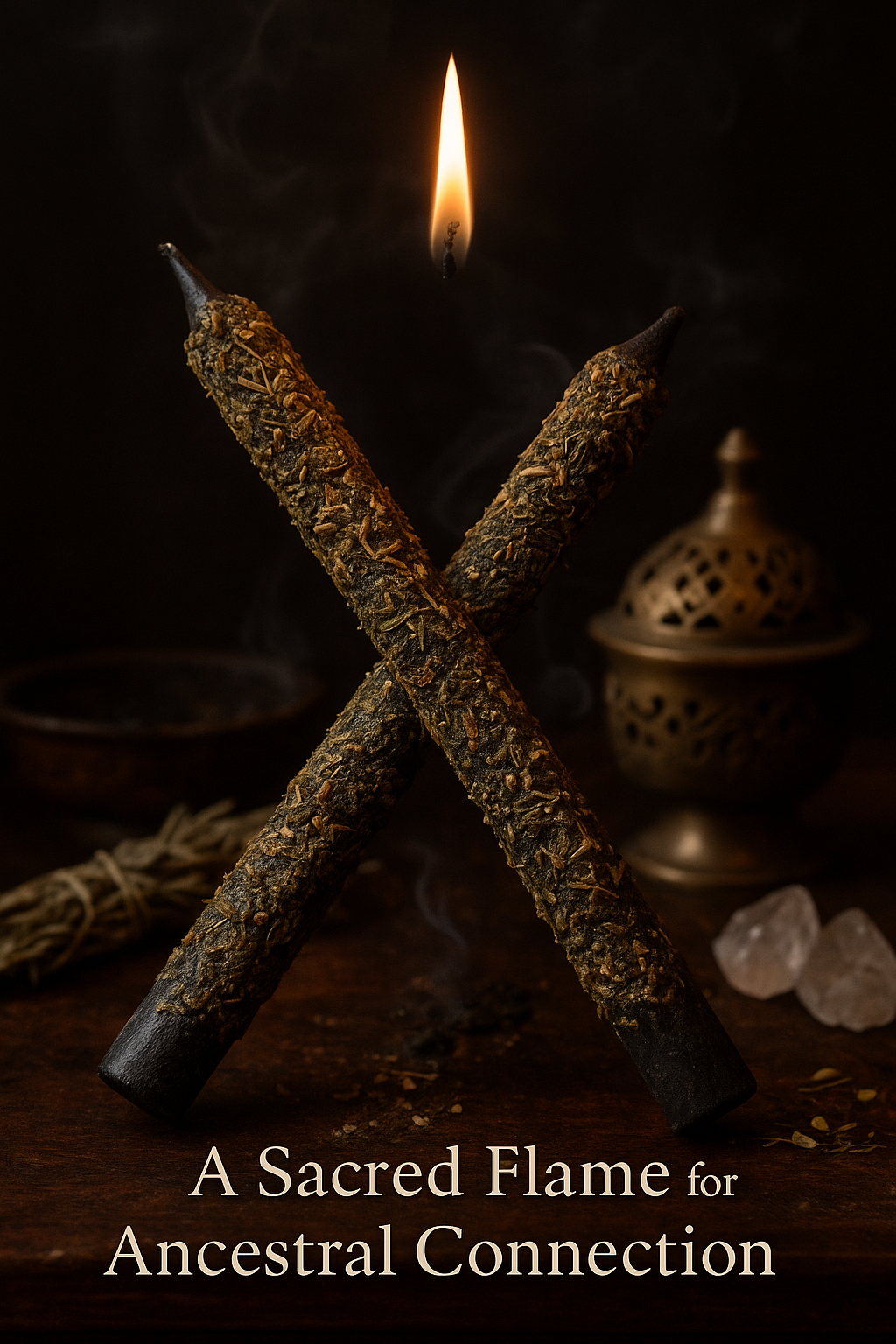 Two crossed incense sticks with a lit flame on a dark background, accompanied by text 'A Sacred Flame for Ancestral Connection'.