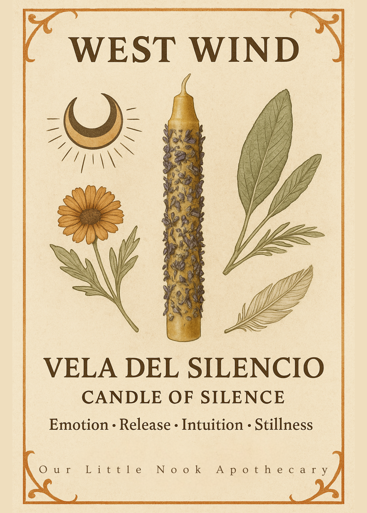 Product packaging for 'Vela del Silencio' candle with botanical illustrations and branding details.