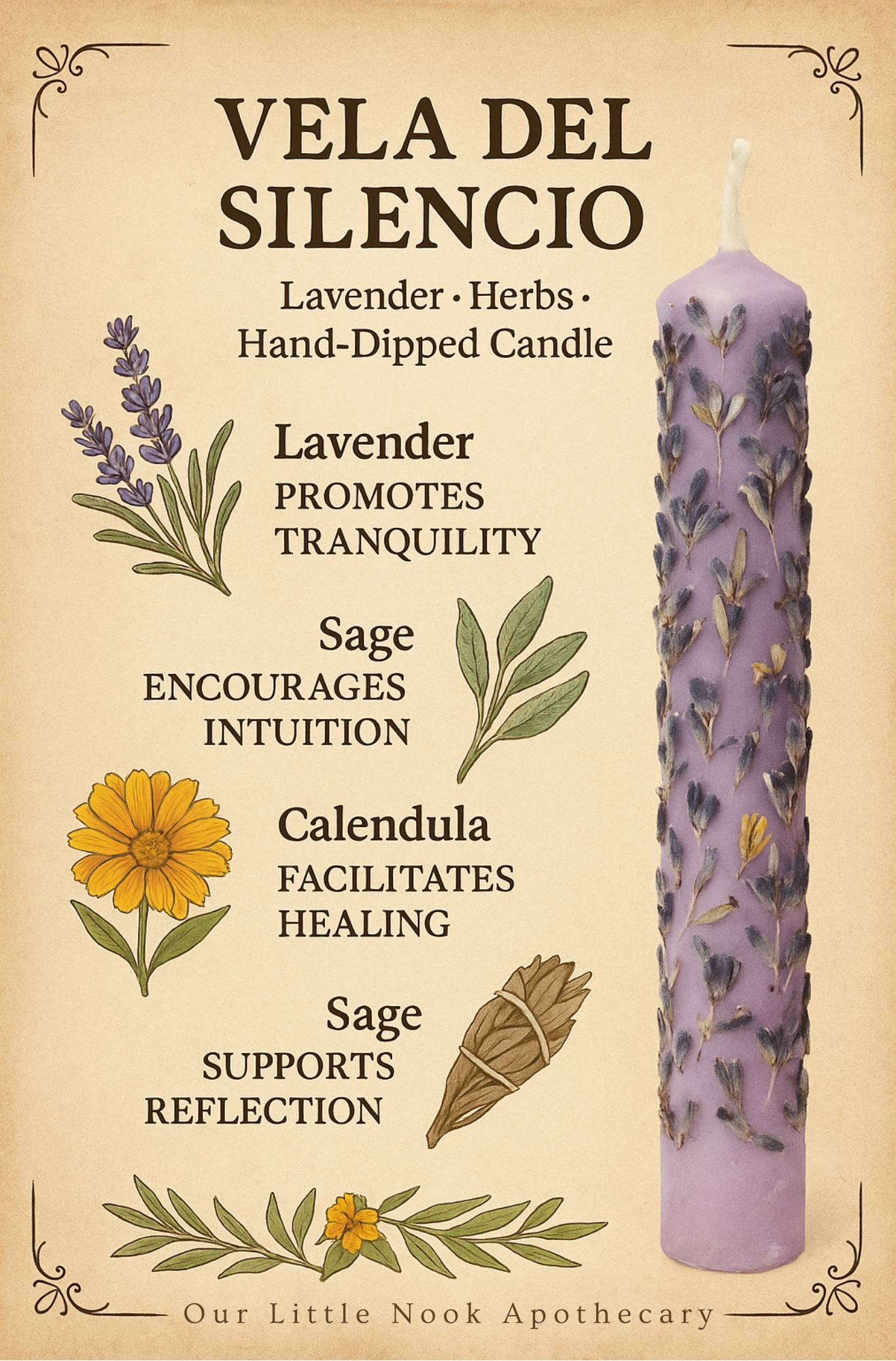 Vela Del Silencio candle with lavender, herbs, and botanical illustrations on a beige background.